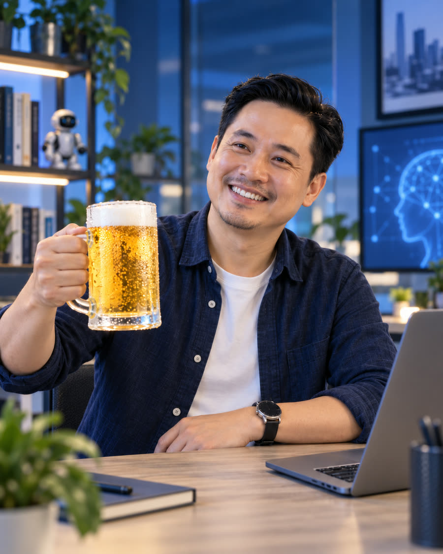 Bùi Hữu Bảo cười, giơ cốc bia nhận lời cảm ơn, ngồi ở bàn làm việc có máy tính
